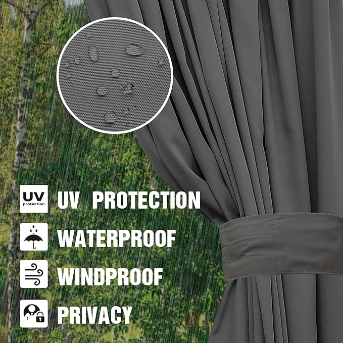 10'x12' Privacy Gazebo Curtains Outdoor Waterproof, 4-Panels Sidewall Curtain Universal Replacement with Zipper for Patio, Backyard, Garden (Only Curtains, Grey)