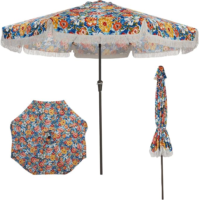 PeakPursuit 9 ft Patio Umbrella with Fringe, Tassel Outdoor Beach Umbrella for Sand with Push Button Tilt, 8 Fiberglass Ribs, UV 50+ Sun Protection for Garden, Pool, Backyard, Deck