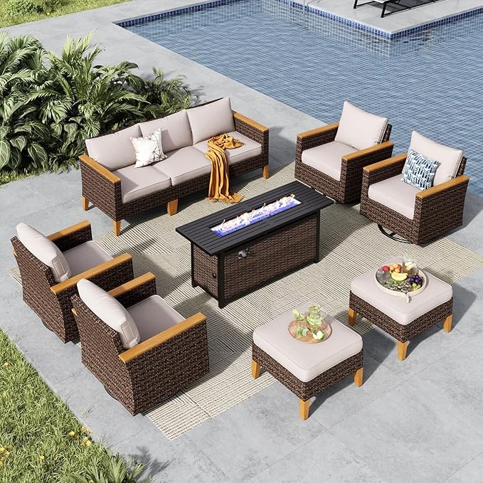 MFSTUDIO 10 Piece Wicker Patio Furniture Sets with 56" Fire Pit Table, 4 x Swivel Chair, 2 x Ottoman, 3-Seat Sofa, All-Weather PE Rattan Patio Conversation Set Outdoor Sectional Sofa for Garden, Beige