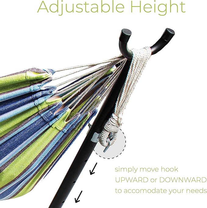 Backyard Expressions Double Camping Hammock with Steel Stand & Carrying Bag, Adjustable Height, Ultra Soft Cotton Blend, 550 lb Capacity, Indoor & Outdoor Portable Hammock