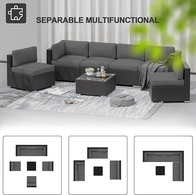 SUNCROWN 7-Piece Outdoor Patio Furniture Sofa Set All-Weather Wicker Sectional Conversation Set with Modern Glass Coffee Table, Cushions and Waterproof Cover,Dark Grey