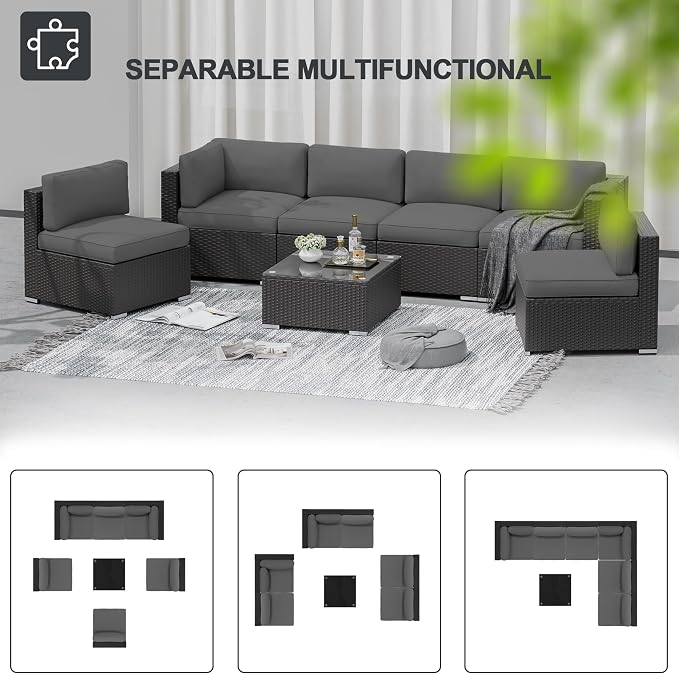 Betterland 7 Piece Outdoor Sectional Sofa Patio Furniture Set, All-Weather PE Rattan Wicker Patio Conversation Set with Washable Cushion and Glass Table(Grey)