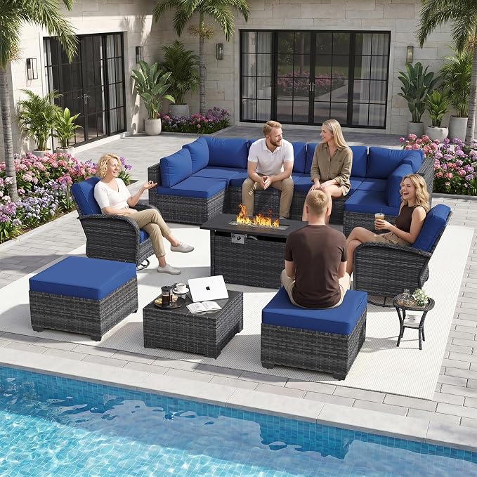 Aoxun 13 Piece Outdoor Patio Furniture Set with 44'' Fire Pit Table, Wicker Rattan Outdoor Furniture with High Back Swivel Rocker Chairs, Outdoor Sofa Set with Thick Cushion & Ottoman, Navy Blue