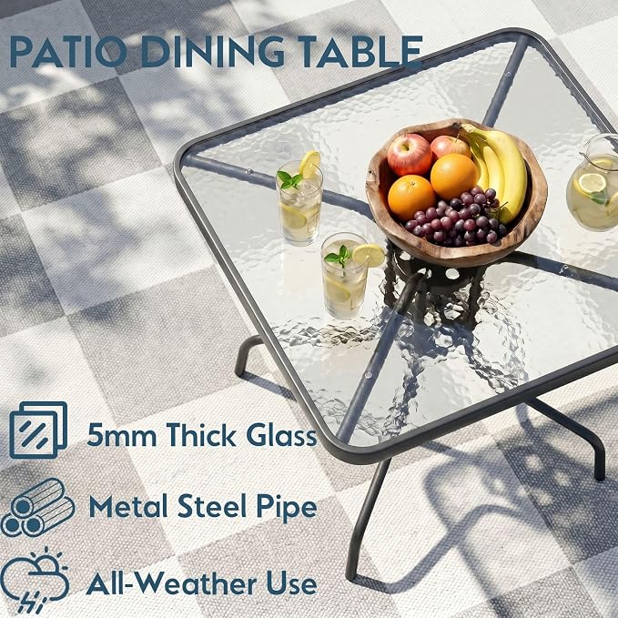 Arlopu 5 Piece Outdoor Patio Dining Set (Umbrella not Included), Porch Furniture with 4 Textline Chairs, 1 Square Glass Table for Garden, Backyard and Poolside, Lawn (Browm)