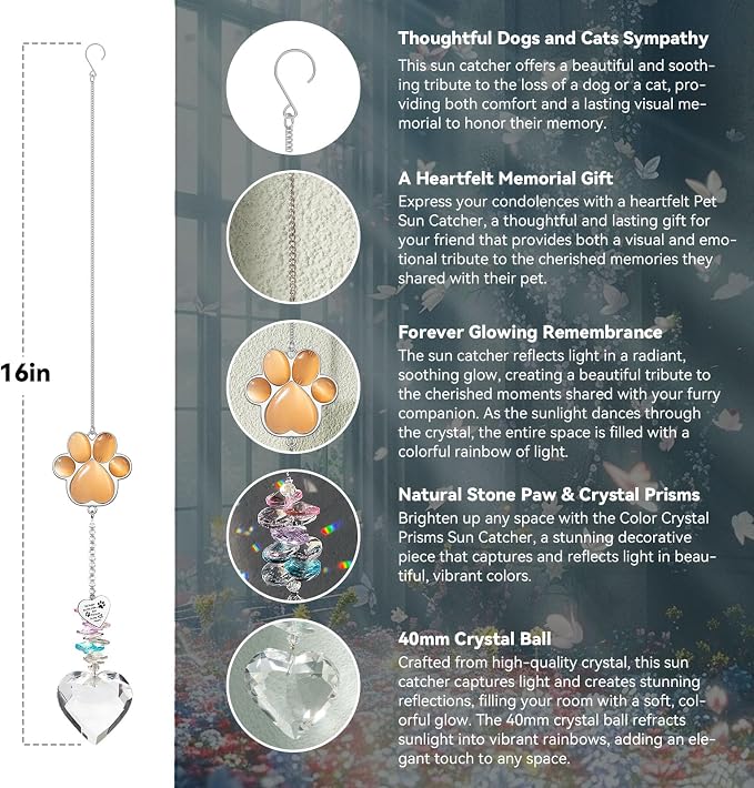 Dog Memorial Gifts, Pet Memorial Suncatcher, Loss of Dog Sympathy Gift | Thoughtful Dogs and Cats Bereavement Remembrance Gifts, Natural Cat's Eye Stone Paw Crystal Suncatcher
