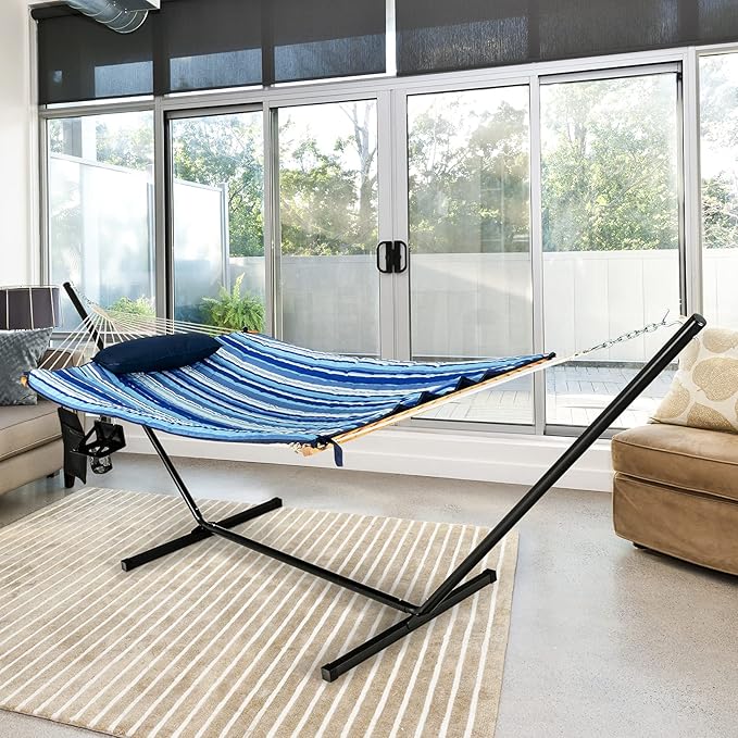 S AFSTAR 2 Person Hammock with Stand Included, Double Portable Hammocks with Cotton Mat, Pillow, Cup Holder, 450 LBS Load Capacity, Free Standing Hammock for Outside Patio Porch Backyard (Blue Stripe)