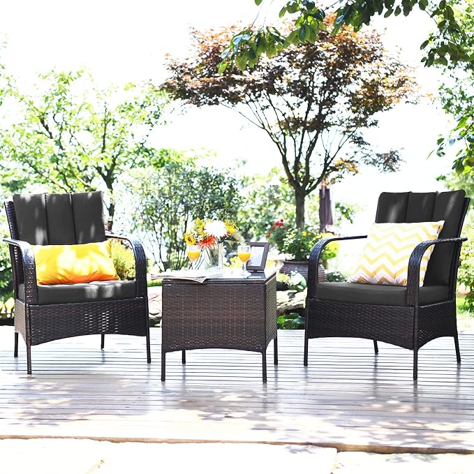 Tangkula 3 Piece Patio Furniture Set, 2 Wicker Chairs with Glass Top Coffee Table, Outdoor Garden Porch Poolside Furniture Set for 2, Rattan Conversation Set