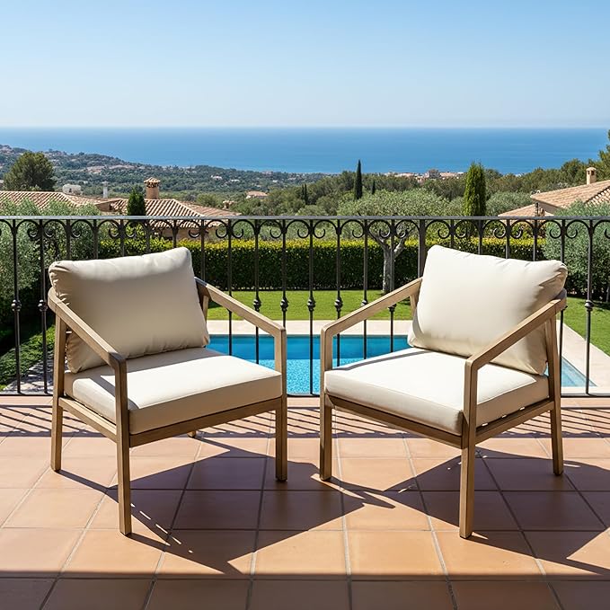 Patio Conversation Sets Outdoor Armchair, 2 Piece Aluminum Patio Sofa Chairs with Washable Thick Cushions, Modern All-Weather Patio Furniture Sets for Garden, Backyard, Porch (Brown+Beige)