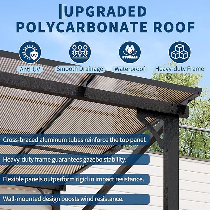 10x12 Ft Outdoor Lean to Gazebo, Wall Mounted Patio Hardtop Gazebo Pergola with Polycarbonate Roof, Upgraded Steel Frame Hardtop Pavilion for Patio, Garden, Lawn, Deck
