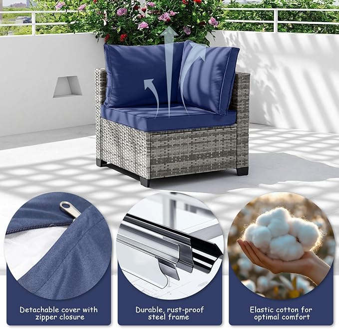 5-Piece Outdoor Patio Furniture Set, Gray PE Rattan Sectional Sofa with Navy Blue Cushions and Steel Frame, Coffee Table Included, Modular Outdoor Conversation Set for Patio Garden Poolside