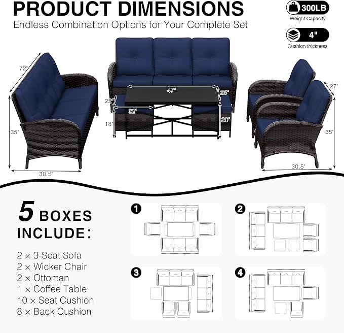 Joyside Wicker Patio Furniture Set, 7 Piece Outdoor Furniture Set with Thickened Cushions, High Back, Deep Seating, Wide Armrest, Rattan Outdoor Chairs for Porch, Deck
