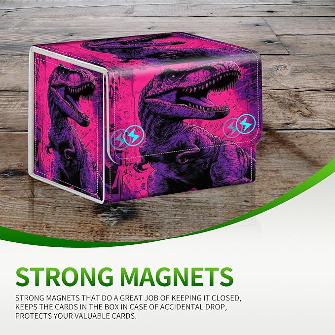 Card Deck Box for MTG, Cards Storage Box Fits 120+ Sleeved, Leather Small Size Strong Magnetic Closing Card Case for Board Games Magic TCG CCG Baseball Collection, Pink Dinosaur