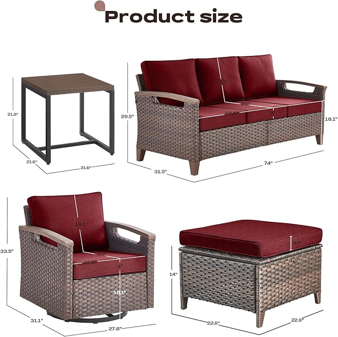 Rilyson Wicker Outdoor Patio Furniture Set - 6 Piece Patio Conversation Sets with Swivel Rocker Chairs, Sofa, Ottomans and Side Table, Thick Cushions, Waterproof Wicker, for Porch Deck Brown/Red