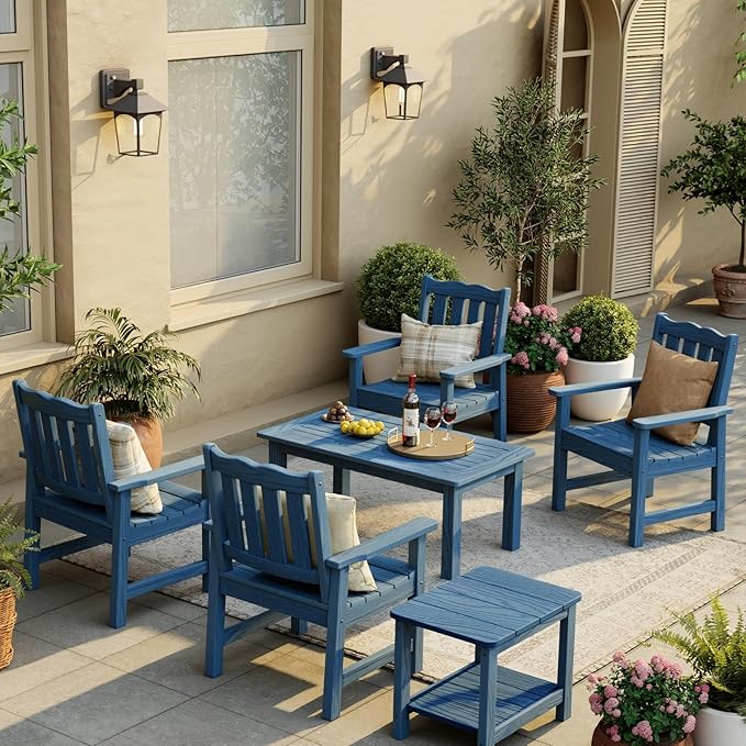 Stoog Outdoor Chairs & Bench Set, All-Weather Patio Furniture Set, Include 2 Patio Chairs and 1 Bench, Blue