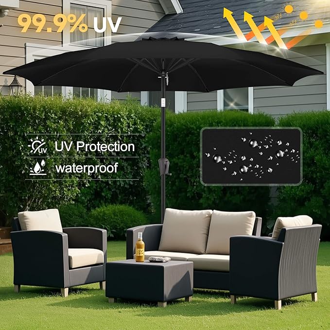 FLAME&SHADE 11 ft Patio Umbrella - Table Umbrella Outdoor with Push Button Tilt and Crank, UV Protection, 8 Sturdy Ribs, Market Umbrella for Garden, Deck, Backyard, Lawn, Pool and Beach(Black)
