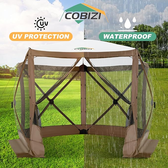 COBIZI 10x10 FT Pop up Gazebo, Popup Canopy tent,Screened In Gazebos with sidewalls, Waterproof Portable Outdoor Small Screen tents Sun Shelter,carpas para patio for Camping, Garden and Backyard,Brown