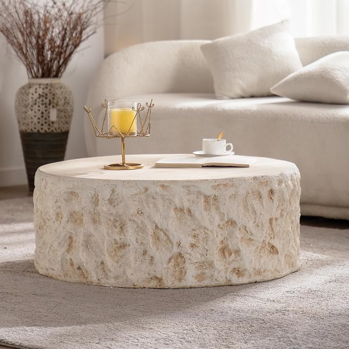 Round Coffee Table for Living Room Outdoor Faux Stone Coffee Table Amber Travertine Concrete Pattern, 31.49" Modern Faux Marble Center Tables Tea Tables, No Need Assemble, Beige