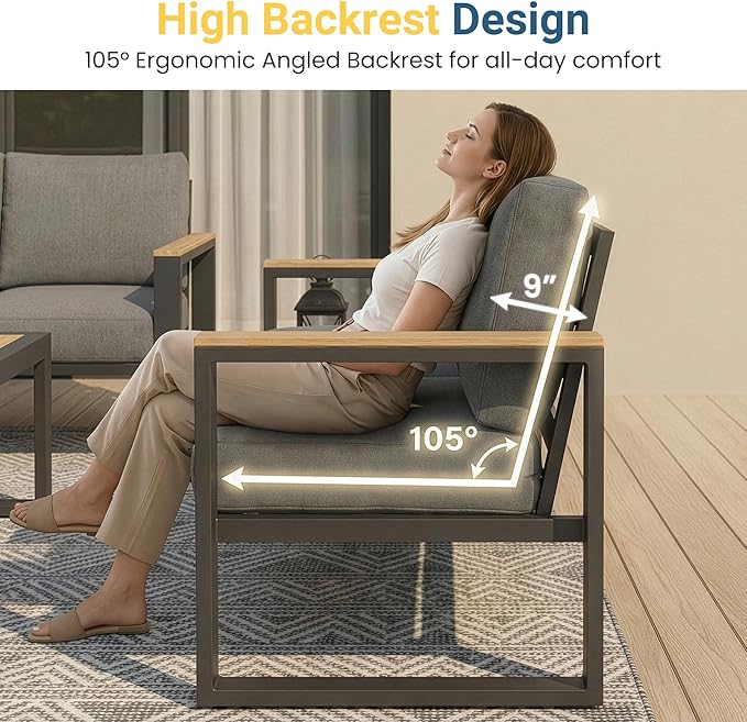 Aluminum Outdoor Patio Furniture Set with Height-adjustable Footrest for Lawn Porches Patio, 4-Seats All-weather Patio Sofa Sets with Coffee Table, Modern Outdoor Patio Conversation set, Grey
