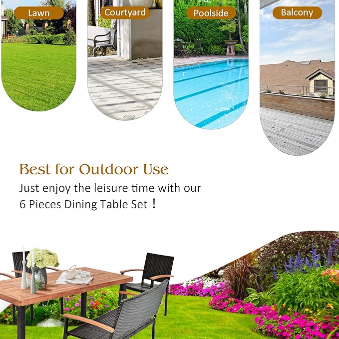 Tangkula 6 Pieces Wicker Patio Dining Set, Patiojoy Outdoor Dining Furniture w/ 1 Acacia Wood Tabletop Dining Table, 4 Stackable Chairs & 1 Rattan Bench, Backyard Garden Steel Frame Conversation Set
