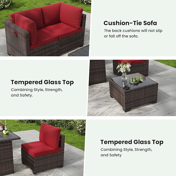 Soohow 7-Piece Patio Furniture Set, Outdoor Conversation Set, Thickened All-Weather Rattan Sectional Sofa with Tempered Glass Table for Garden, Porch, Backyard - Wine Cushions