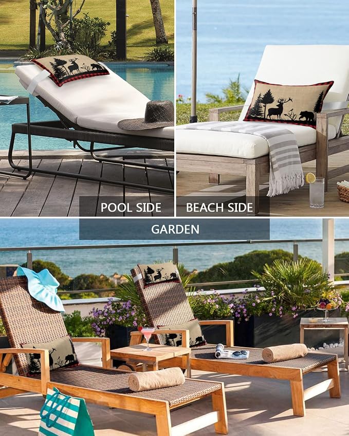 Outdoor Pillows Covers with Inserts Christmas Animal Moose Xmas Tree Waterproof Recliner Pillow with Adjustable Strap Throw Pillows for Patio Furniture Pool Lounge Chair, 11x16 inch, 1PCS