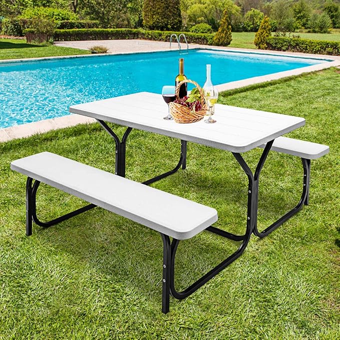Picnic Table, Camping Portable Picnic Table Bench Set for 4 Persons, Heavy-Duty Steel Frame & Resin Tabletop, All Weather Outdoor Picnic Tables for Patio Travel BBQ Party Garden (White)