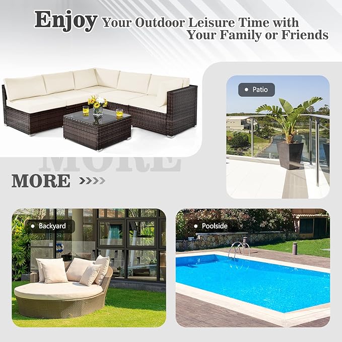 COSTWAY 6-Piece Outdoor Patio Furniture Set, Rattan Sectional Sofa Set with Tempered Glass Coffee Table and Cushions for Garden, Deck, Backyard (White)