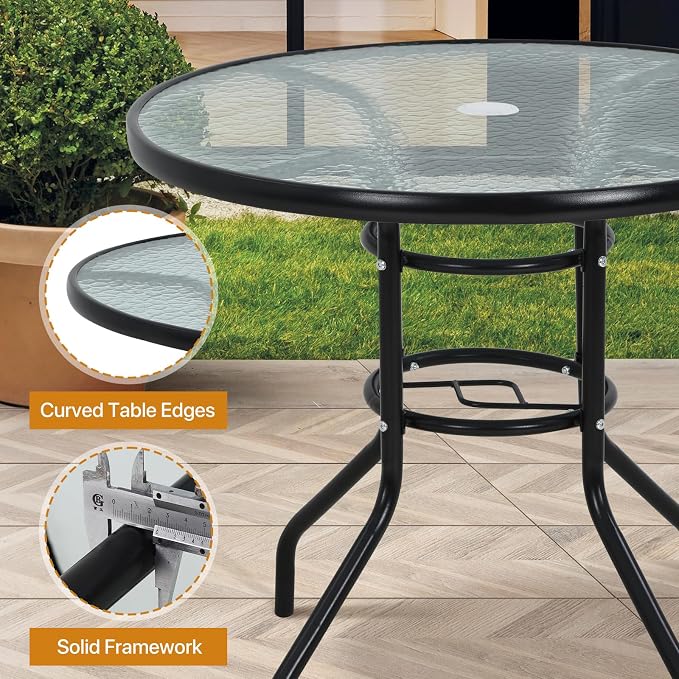 Dkeli Outdoor Table 31.9 Round Bistro Table with Umbrella Hole Tempered Glass Metal Patio Table for Outside,Indoor,Poach, Black