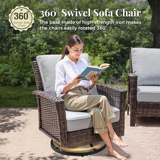 8-Piece Wicker Patio Furniture Set with 57'' Fire Pit Table, High Back Outdoor Furniture with Swivel Chairs and Ottoman, All-Weather Wicker Patio Conversation Set for Deck Yard Pool, Grey