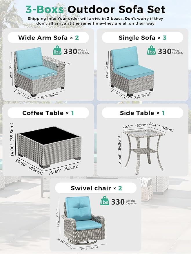 10 Piece Outdoor Wicker Rattan Sectional Sofa Set with Swivel Chairs & Fire Pit Table, 7-Seats with 4" Thickened Cushions & Coffee Table, All-Weather PE Rattan for Garden, Backyard, Porch, Turquoise