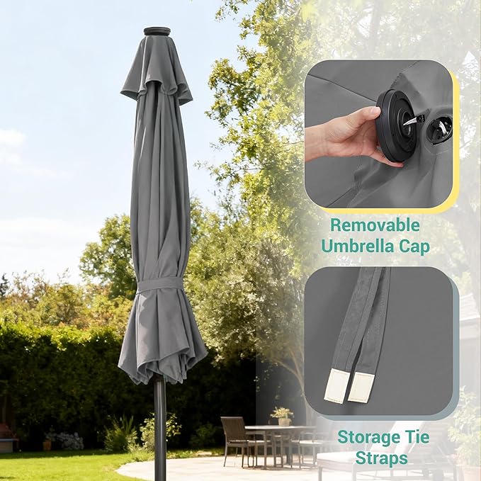 9ft Patio Umbrella Outdoor with Solar Lights,32 LED Lighted Table Market Umbrella with Tilt and Crank, 2-Year-Non-Fading, 8 Sturdy Ribs,for Pool, Deck, Garden,Backyard