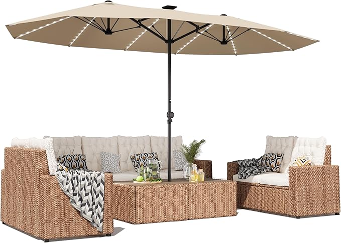GDPFN 15ft Large Patio Umbrella with Solar Lights, Outdoor Double-Side Rectangular Umbrella, Backyard Pool Umbrella with LED Light for Deck, Outside, Market, Beige (Base Not Include)