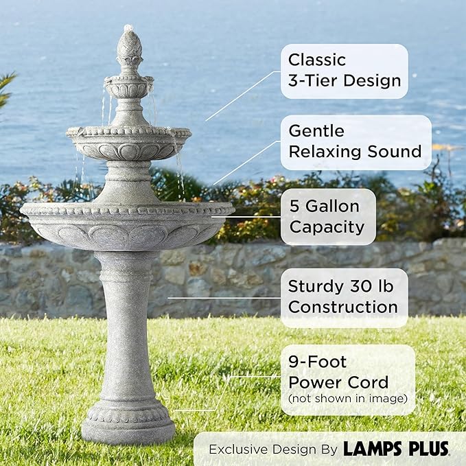 Pineapple 44" High Large Italian Outdoor Decor Old Faux Stone Floor Fountain Waterfall 3-Tier Standing Bowl Cascading Tall Water Feature for Outside Garden Patio Yard Backyard Porch - John Timberland