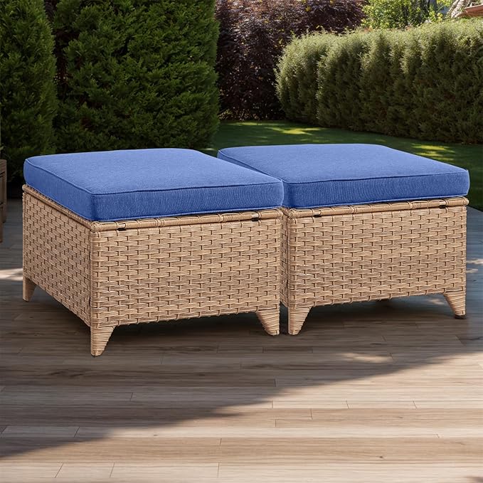 Rilyson Outdoor Ottoman Wicker Patio Ottomans - 2 Piece Footrest Footstools Set Rattan Outdoor Ottomans for Patio with Thick Cushions(Yellow/Blue)