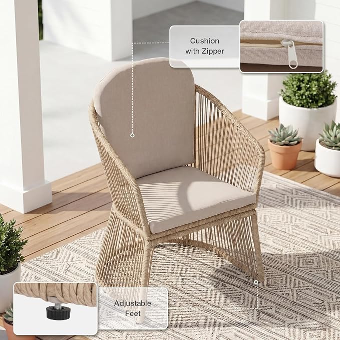 SUNSITT 7 Piece Outdoor Patio Dining Set, 65" - 107" Metal Expandable Outdoor Dining Table with X-Shape Legs, 6 Woven Wicker Outdoor Patio Chairs w/Curved Armrest for Garden, Beige