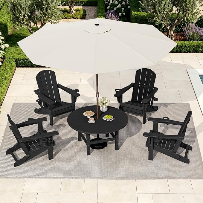SERWALL 35.5'' Round Outdoor Table with Umbrella Hole, HDPE Weatherproof Coffee Table, Black