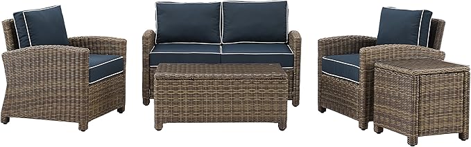 Crosley Furniture Bradenton 5-Piece Outdoor Loveseat Patio Furniture Set, Wicker Conversation Sets for Porch, Brown with Navy Cushions