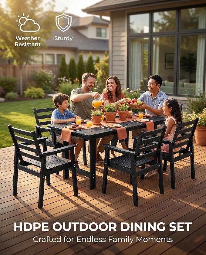 7 Piece HDPE Outdoor Dining Set for 6, Patio Dining Furniture Set with 2” Umbrella Hole, Weather Resistant Outdoor Table and Chairs for Garden, Poolside, Backyard, Deck