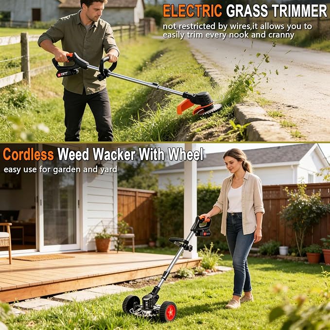 21V Cordless Weed Wacker for Thick Weeds, Lawn & Yard, 3-in-1 String Trimmer/Edger/Brush Cutter with 2 Batteries, 4 Blades & Wheels, 90° Pivot Head, Adjustable Height, Lightweight Easy for Homeowners
