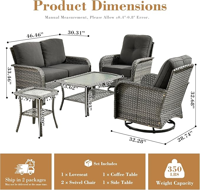 5 Pieces Patio Furniture Set, All Weather Rattan Patio Conversation Sets with Swivel Rocking Chairs, Coffee Table, High Back Outdoor Furniture Loveseat for Porch, Backyard, Black