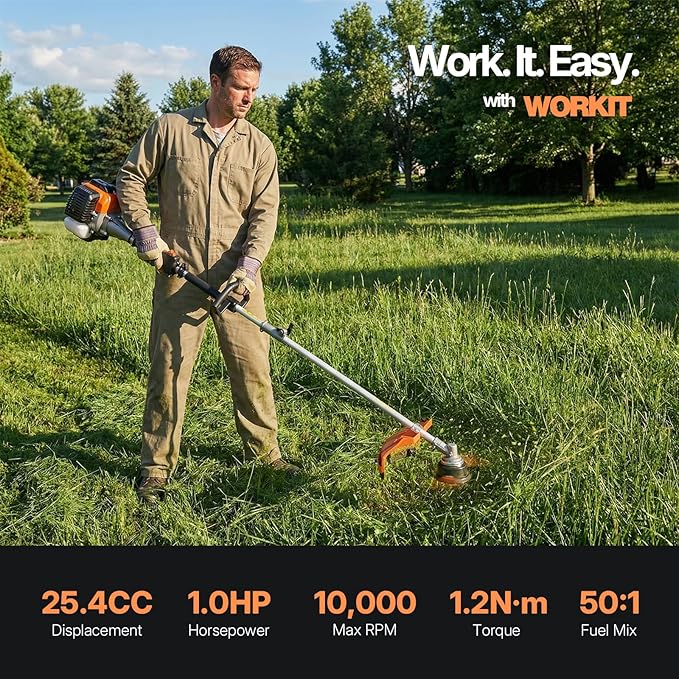 WORKIT 5-in-1 Gas Weed Wacker 25.4CC 2-Stroke Weed Eater Grass Trimmer, 17" String Trimmer 3/40T Brush Cutter, Hedge Trimmer Pole Saw, Heavy-Duty for Men & Professional Lawn Care