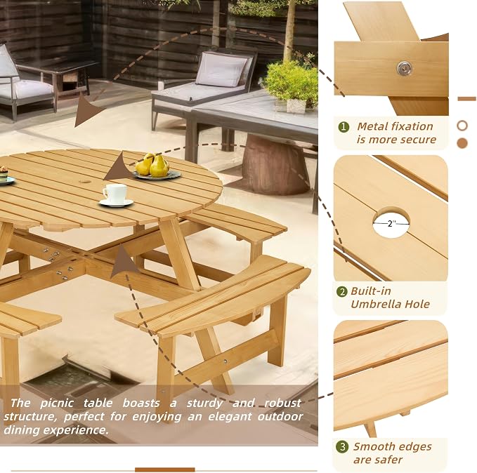 JOYBASE 8-Person Wooden Picnic Table, Outdoor Round Table with Built-in Benches and Umbrella Hole, Picnic Table Bench Set for Patio, Backyard, Garden (Natural)