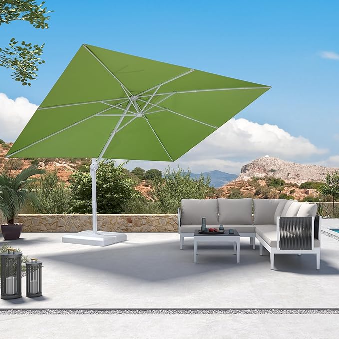 PURPLE LEAF 9' × 11.5' Patio Umbrella White Cantilever Umbrella Aluminum Square Outdoor Offset Umbrella Hanging Windproof with 360° Rotation for Garden Deck Pool, Green