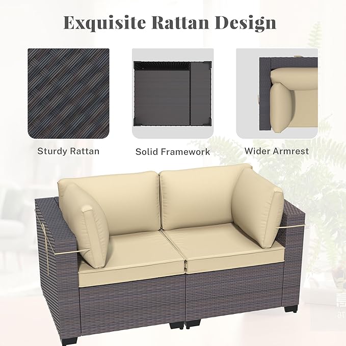 Patio Furniture Set 7 Pieces Outdoor Sectional Sofa Set,All Weather Wicker Patio Sofa PE Rattan Patio Conversation Set w/Cushions and Glass Coffee Table,Sand
