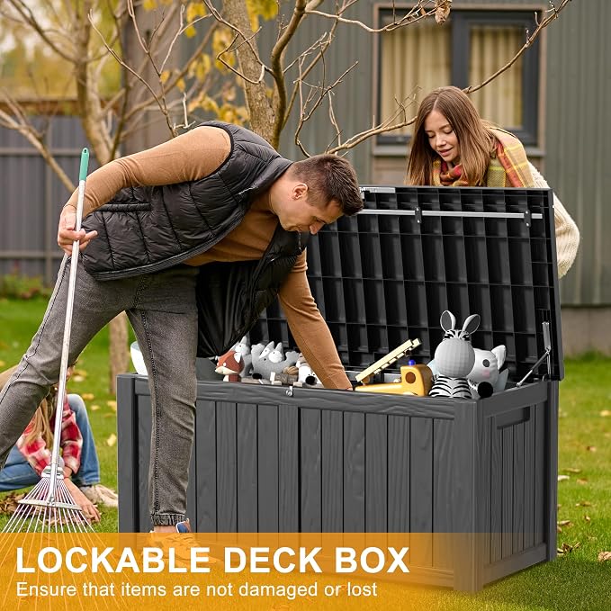 Resin Deck Box, Lockable Patio Outdoor Storage Box for Furniture, Garden Tools and Tools Storage, Waterproof Outside Storage Boxes (Black, 120 Gallon)