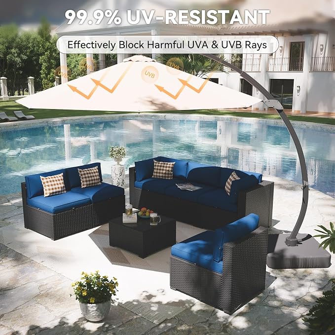 Aoxun Patio Furniture Set with Umbrella, 8 Piece Outdoor Sectional Sofas, Wicker Rattan Outdoor Furniture with Thickened Cushion for Backyard, Garden Navy Blue
