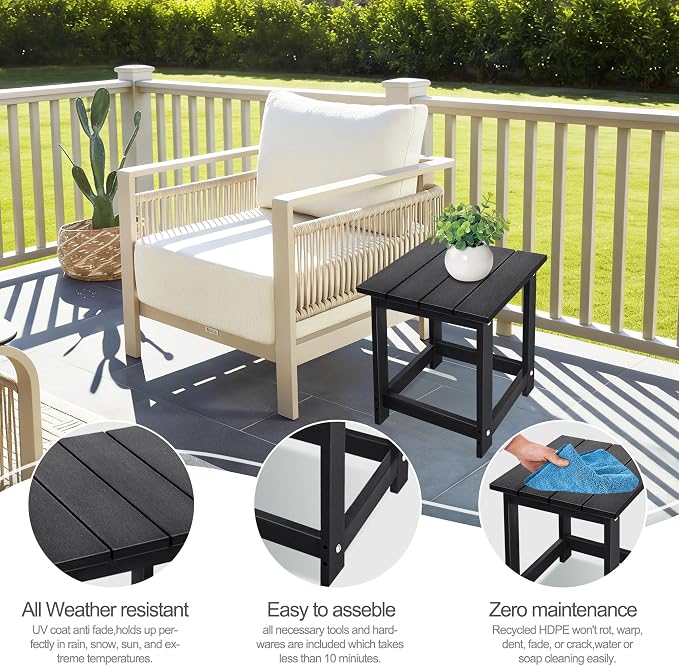 LZRS Patio End Table, Heavy Duty HDPE Outdoor Coffee Table with Wood Texture, Weatherproof Composite Table for Adirondack Chairs, Deck, Pool, Indoor/Outdoor, No Peeling or Cracking(Black)