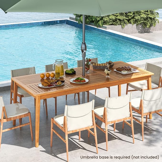 HAPPYGRILL Outdoor Acacia Wood Dining Table for 8 People, 79” x 35” Rectangular Patio Bistro Table with Built-in Umbrella Hole, Wooden Picnic Table for Porch, Garden, Backyard, Natural