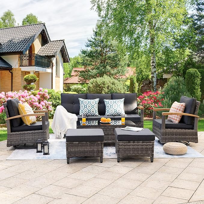 MEISSALIVVE Patio Furniture Sets, 6 Pieces Outdoor Rattan Furniture Conversation Sets with 2 Wood Armrests Swivel Rocker Chairs, 2 Ottoman, 3-Seat Sofa and Coffee Table(Grey)