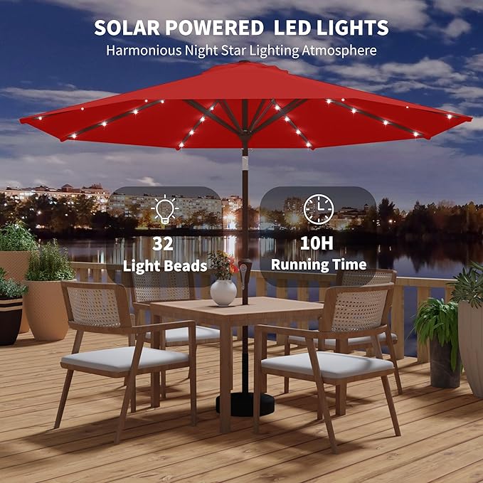 Kingdura 10FT Outdoor Patio Umbrella with Solar Lights, Market Table Umbrella with Push Button Tilt & Crank, 8 Sturdy Ribs, 32 LED Lights, UV Protection for Garden Lawn Deck Backyard Pool (Red)
